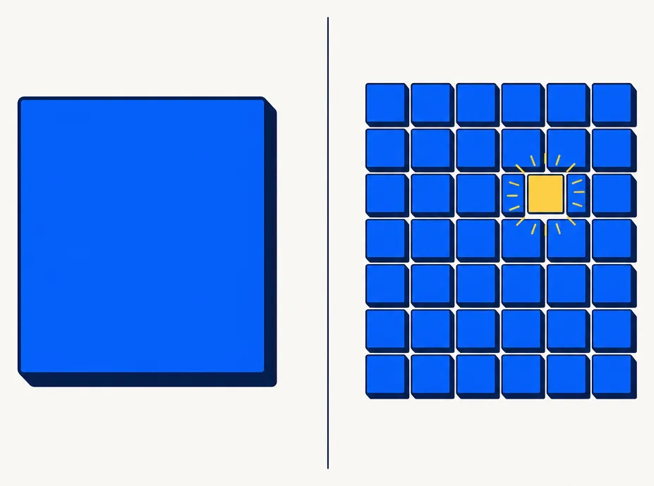 Abstract flat-vector editorial illustration contrasting a single-ETF harvest surface with a direct-index sleeve. On the left, one large solid blue geometric square represents the single concentrated harvest surface of an ETF. On the right, a grid of many smaller blue squares arranged in the same overall footprint represents the many independent harvest surfaces of a direct-index portfolio, with one tile highlighted in gold to indicate an individual harvest opportunity. Clean navy outlines, electric blue fills, gold accent on off-white background.
