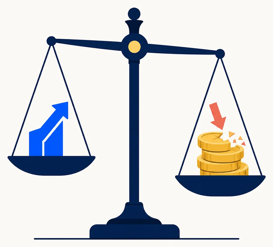 Abstract editorial illustration of a minimal navy balance scale weighing a small blue upward value marker against a stack of gold coin-like tokens with a subtle coral downward arrow chipping at the top coin, representing tax alpha weighed honestly against the short side's borrow cost.