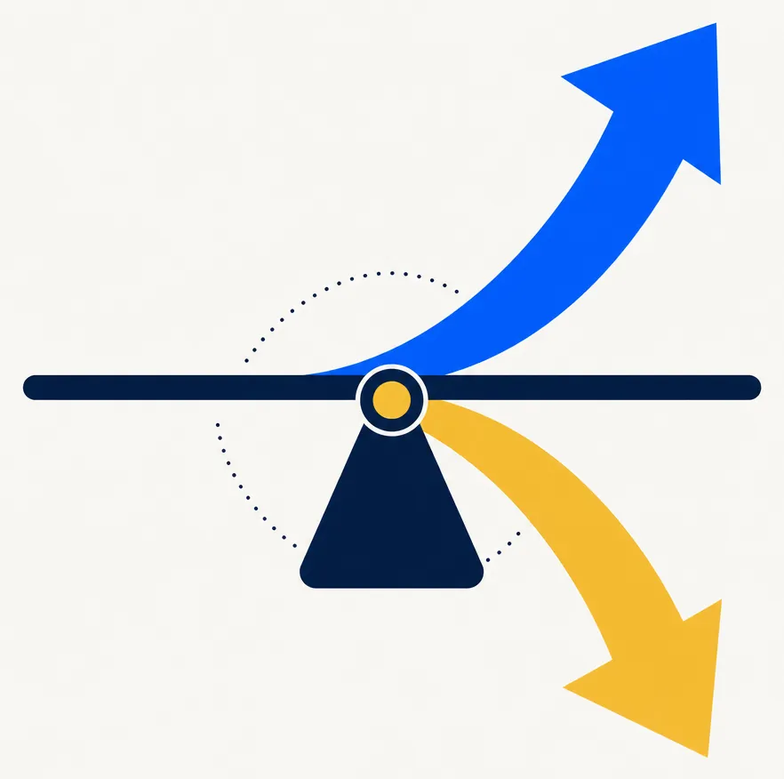 Abstract editorial illustration of a market-neutral long-short pair: a thick electric-blue arrow curves upward while a mirrored gold arrow curves downward, balanced on a slim navy fulcrum at the center, representing offsetting long and short positions that keep net market exposure similar while opening loss-harvesting opportunity on whichever leg moves against the position.