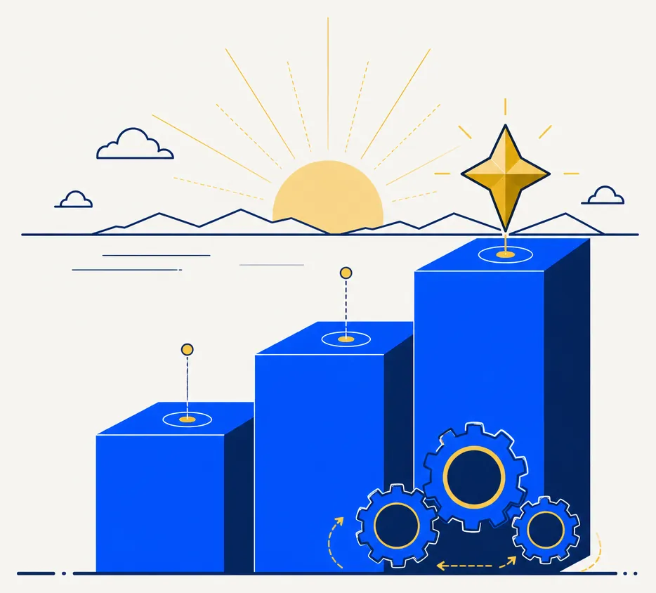 Flat editorial illustration showing three ascending stair steps rendered in electric blue, rising from left to right, with a bold gold diamond marker resting at the highest step — representing the Alpha tier as a higher elevation in tax-aware portfolio management. Small interlocking blue gears at the base hint at the algorithmic engine that powers the short overlay and margin-aware unwinds. A calm navy horizon line sits above the stairs with soft gold light breaking through, evoking next-tier elevation. Off-white background, restrained and precise.