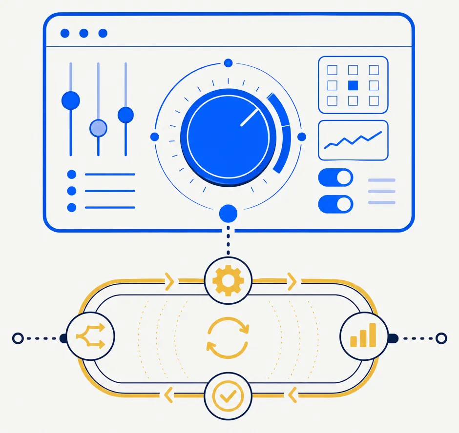 Flat editorial illustration for a finance article about autonomous portfolio execution and trust transfer from manual oversight to configurable automation. An electric-blue dashboard control dial at left represents precision configuration settings; a calm gold self-managing execution loop at right represents autonomous operation running within defined rails. The mood is confident and deliberate — suggesting reliable handoff from careful configuration to automated flow.