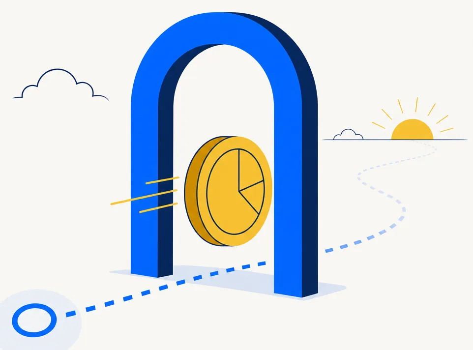 Flat editorial illustration for a finance article about the break-even threshold for upgrading to paid direct-indexing portfolio software. A clean electric-blue gateway arch stands at center with an abstracted gold portfolio token crossing through it. An abstract directional path extends from a soft open circle on the left, through the arch, toward open horizon on the right. The mood is calm, confident, and deliberate — representing the measured decision to move from sandbox simulation to a live brokerage account.