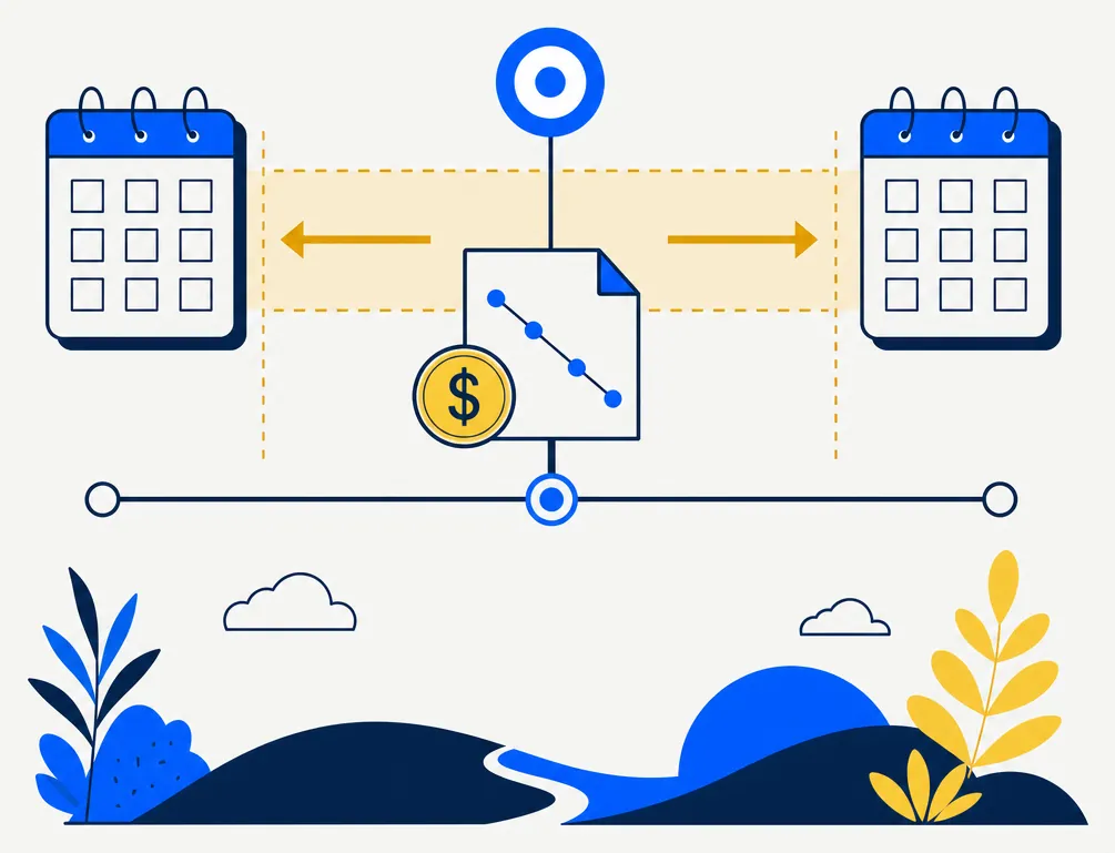 Abstract editorial illustration representing the wash-sale rule, the IRS timing constraint on tax-loss harvesting. Flat vector composition: two stylized calendar page icons flank a central sale-event marker, with paired directional arrows spanning a coral-gold highlighted timing window of 30 days on each side. Clean electric blue, navy, and gold palette on an off-white background.