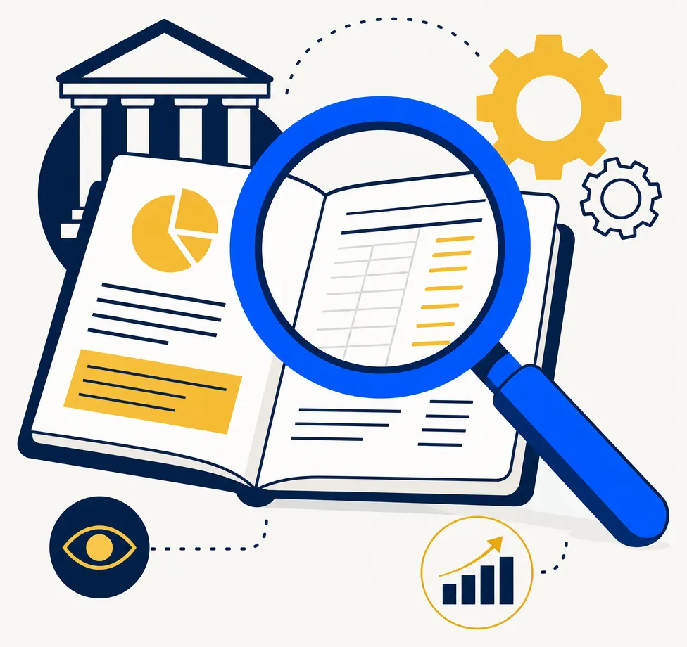Editorial illustration for a finance article examining the hidden cost structure behind institutional tax-loss harvesting programs. A large electric-blue magnifying lens positioned over a stylized open ledger page, with gold-accented fee lines under the lens. Deep navy outlines, off-white background. The composition conveys careful analytical inspection of fine print before committing to a complex financial arrangement.