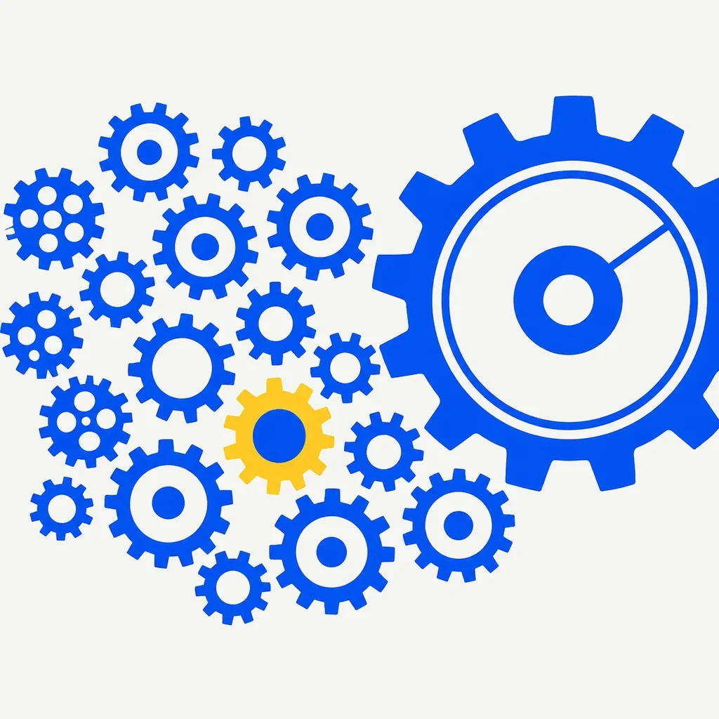 Flat infographic illustration of many small interlocking gears merging into one precise larger movement, rendered in deep navy, off-white, and accent green. Represents the algorithmic precision and systematic decision-making behind a tax-loss harvesting engine that ranks, filters, and audits each portfolio decision.