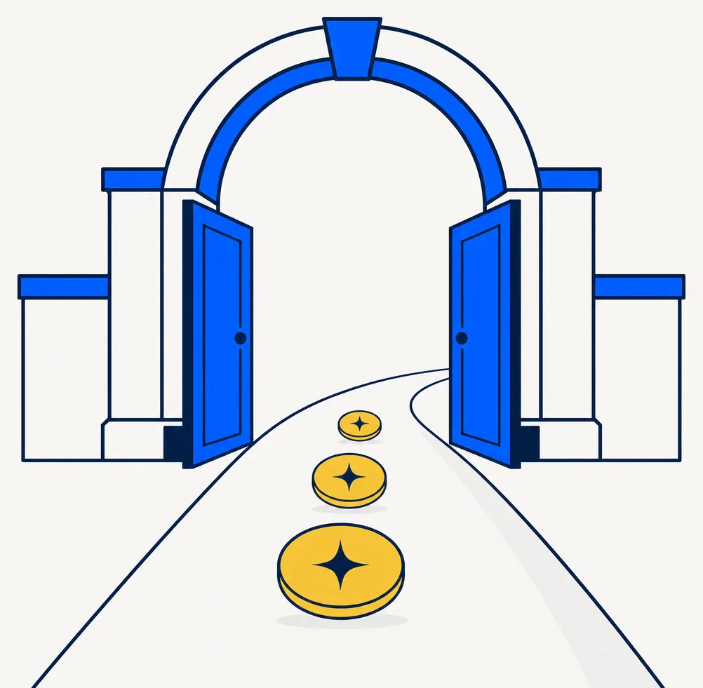 Flat vector editorial illustration depicting the zero-tax exit strategy. A geometric electric-blue archway or gateway stands open on an off-white background, with three gold circular value-marker tokens floating along a clear path leading through the opening. Deep navy outlines define the shapes. The composition uses the open gateway as a metaphor for a deliberate, unobstructed exit from a gain position, with gold tokens representing capital value preserved through disciplined loss-bank pairing.